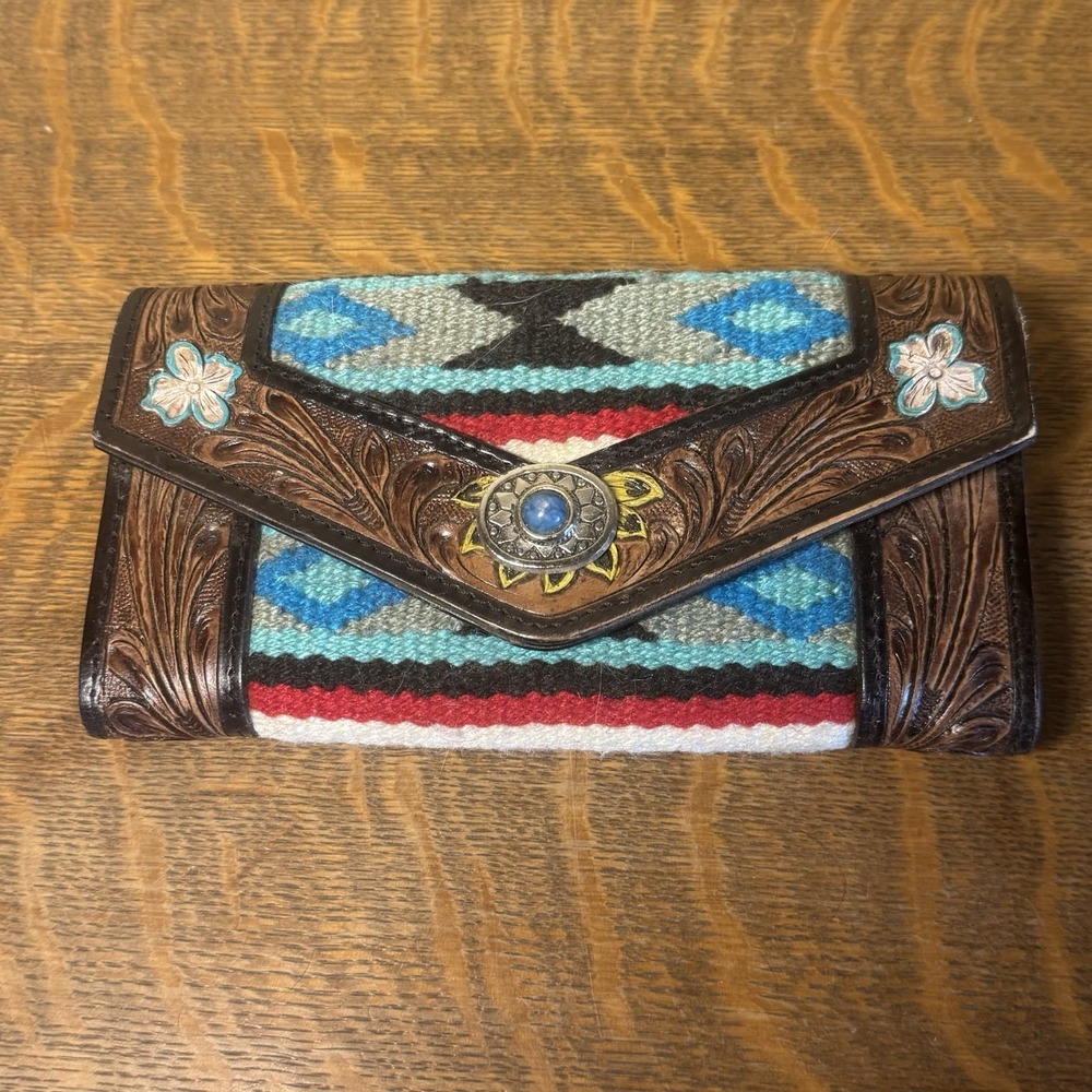 Western Tooled Leather Wallet Southwestern Woven Floral Concho Clutch